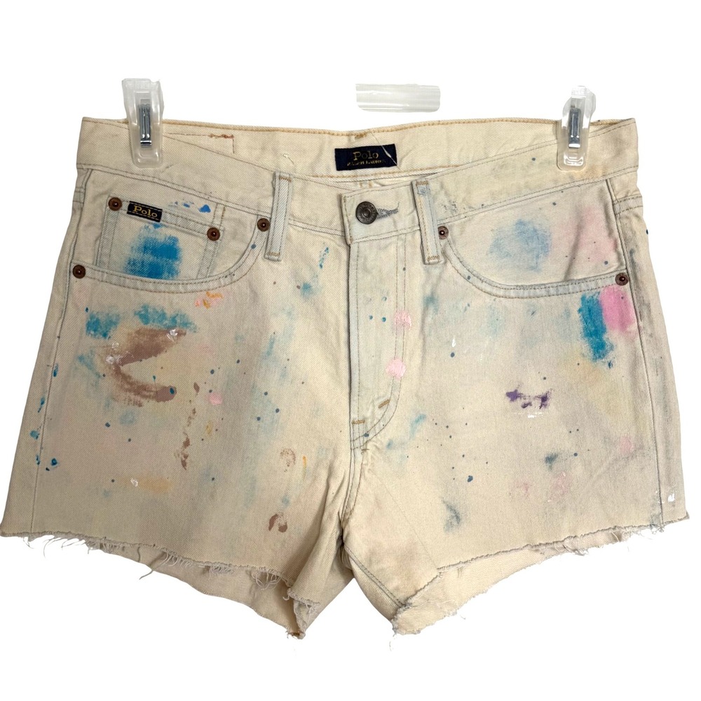 Polo Ralph Lauren Crosby Relaxed Short 28 Cream Paint Splatter Indie Artsy Boho
